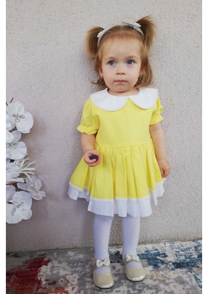 Dantel Detaylı Bebe Yaka Sarı Kız Çocuk Bebek Elbise indirimleri