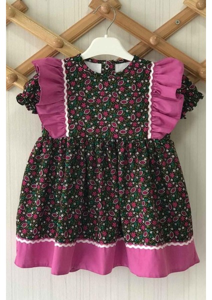 Su Taşı Detaylı Fırfırlı Çiçekli Poplin Kız Çocuk Bebek Elbise