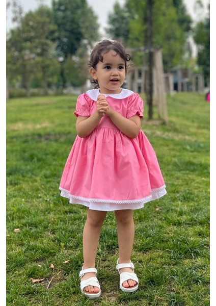 Dantel Detaylı Bebe Yaka Pembe Poplin Kız Çocuk Bebek Elbise