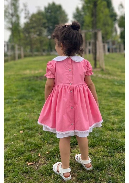 Dantel Detaylı Bebe Yaka Pembe Poplin Kız Çocuk Bebek Elbise
