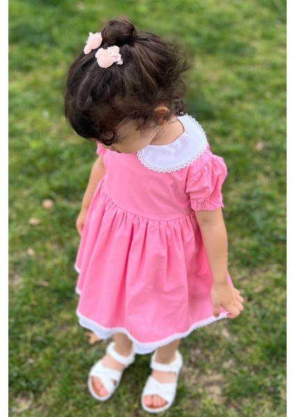 Dantel Detaylı Bebe Yaka Pembe Poplin Kız Çocuk Bebek Elbise
