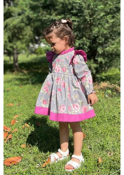 Fırfırlı Gül Desenli Kız Çocuk Bebek Gri Pembe Elbise