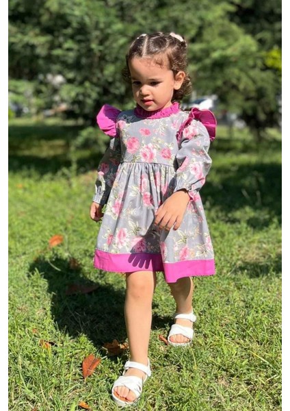 Fırfırlı Gül Desenli Kız Çocuk Bebek Gri Pembe Elbise