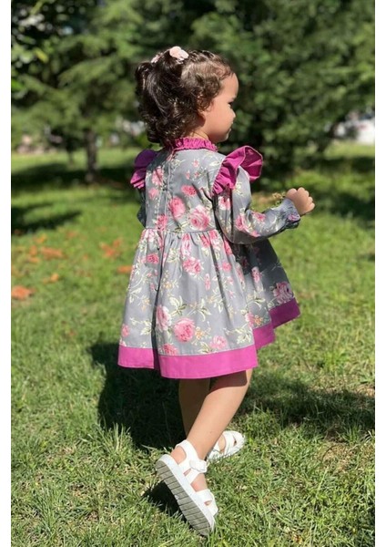 Fırfırlı Gül Desenli Kız Çocuk Bebek Gri Pembe Elbise