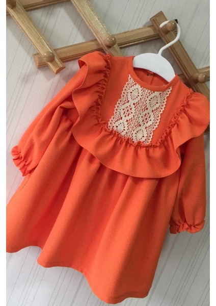 Dantel ve Fırfır Detaylı Turuncu Krep Kız Çocuk Bebek Elbise fiyatları