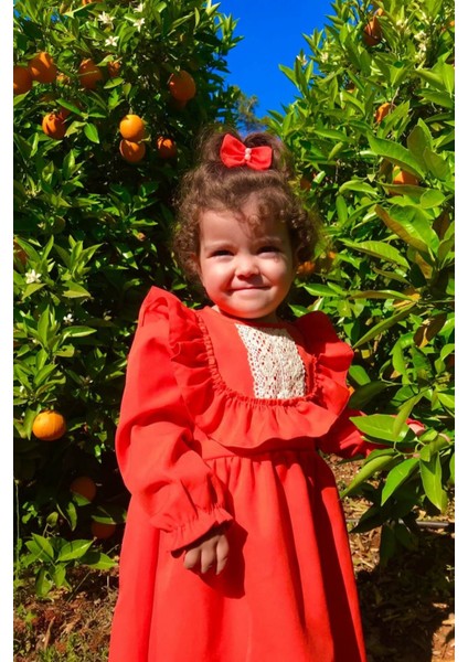 Dantel ve Fırfır Detaylı Turuncu Krep Kız Çocuk Bebek Elbise fırsatları