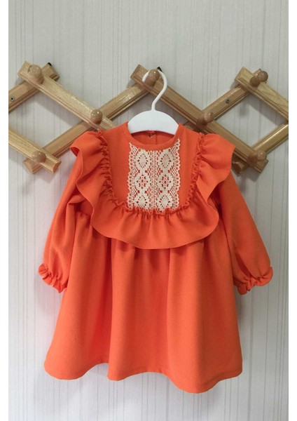 Dantel ve Fırfır Detaylı Turuncu Krep Kız Çocuk Bebek Elbise indirimleri