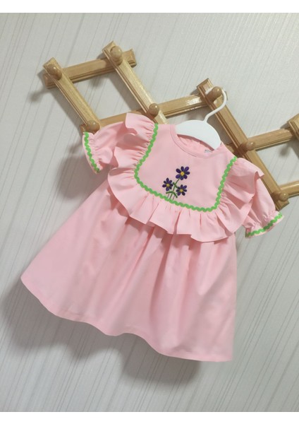Toz Pembe Nakış ve Su Taşı Detaylı Kız Çocuk Bebek Cici Elbise