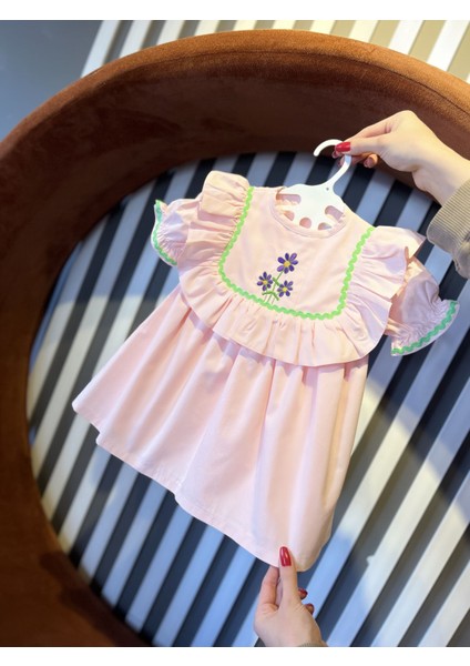 Toz Pembe Nakış ve Su Taşı Detaylı Kız Çocuk Bebek Cici Elbise modelleri