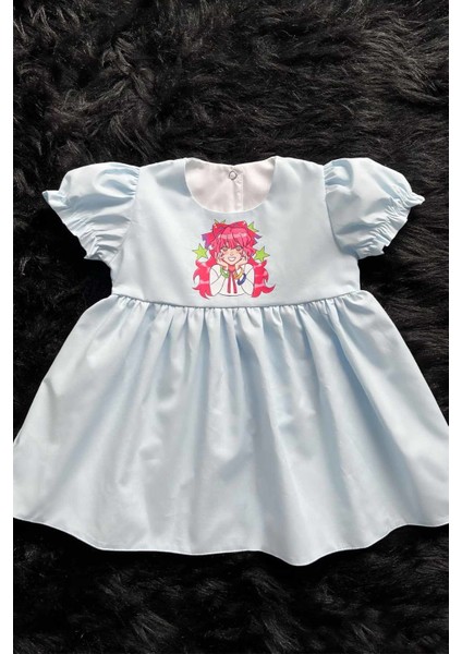 Anime Kız Şeker Baskılı Bebe Mavi Kız Çocuk Bebek Poplin Elbise