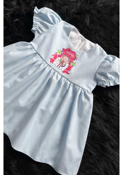 Anime Kız Şeker Baskılı Bebe Mavi Kız Çocuk Bebek Poplin Elbise