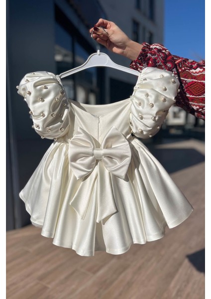 Saten Kırık Beyaz Kız Çocuk Bebek Inci Balon Kol Gelinlik Abiye Royal Elbise fırsatları