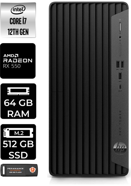 Pro Tower 400 G9 Intel Core I7 12700 64GB 512GB SSD RX550/4GB Fdos 6U3M9EA Masaüstü Bilgisayar & Per4 USB Bellek 6U3M9EAP347