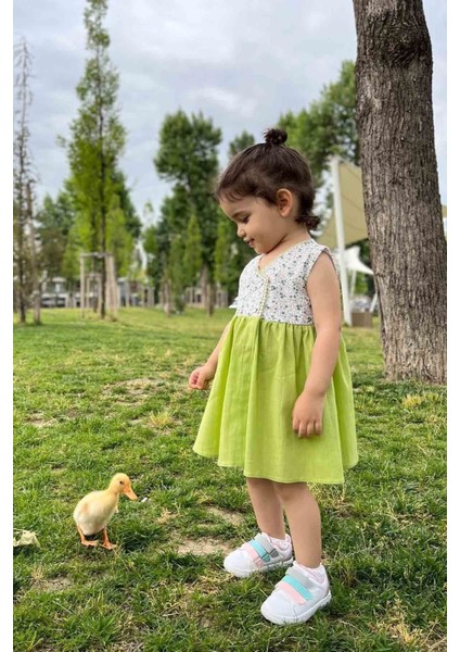 Dantel Detaylı Çiçek Desenli Kolsuz Kruvaze Yeşil Kız Çocuk Bebek Elbise modelleri