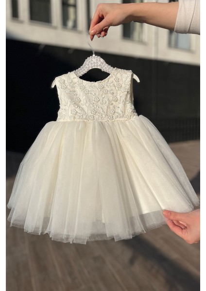 Güpür Çiçekli Hayal Tül Kırık Beyaz Özel Tasarım Kız Çocuk Bebek Gelinlik Mevlüt Abiye Lara Elbise
