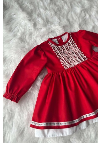 Dantel ve Kurdele Detaylı Kırmızı Kız Çocuk Bebek Bayram 23 Nisan Elbise