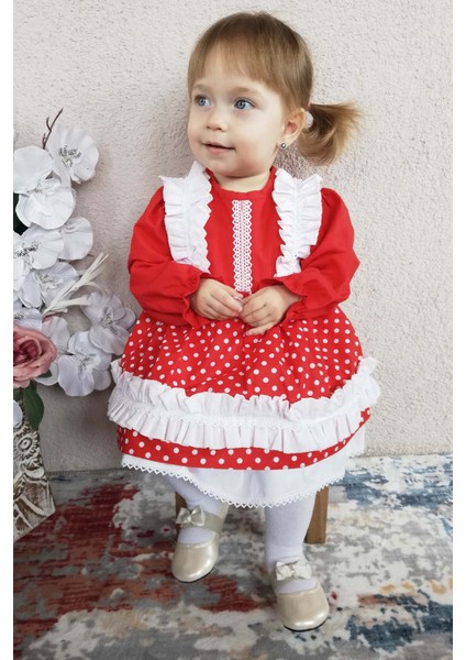 Dantel ve Fırfır Detaylı Puantiyeli Kırmızı Beyaz Kız Çocuk Bebek Elbise