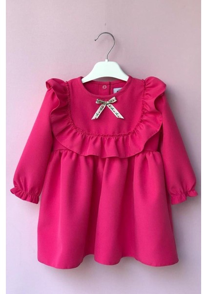 Fırfır ve Kurdele Detaylı Tasarım Şeker Pembe Kız Çocuk Bebek Elbise
