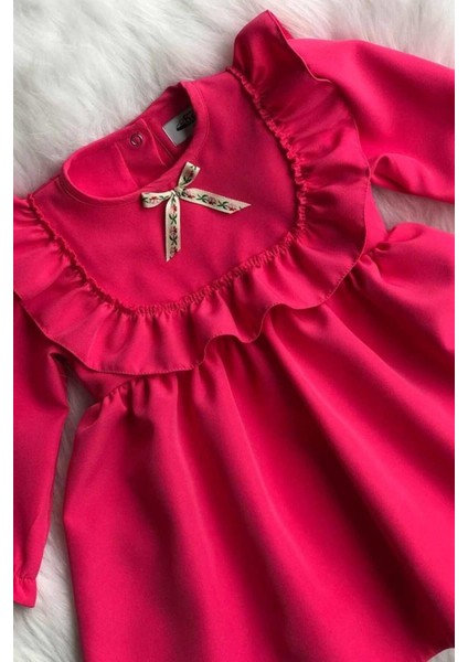Fırfır ve Kurdele Detaylı Tasarım Şeker Pembe Kız Çocuk Bebek Elbise modelleri