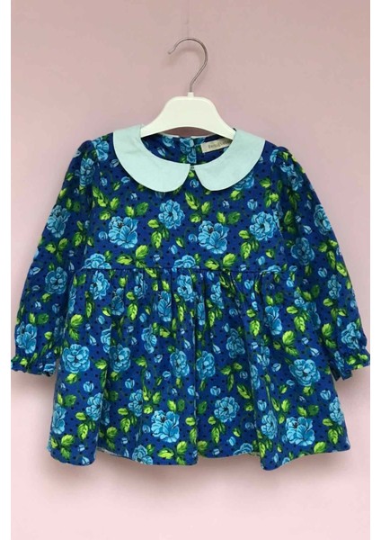 Bebe Yaka Mavi Gül Pazen Kız Çocuk Kız Bebek Elbise modelleri