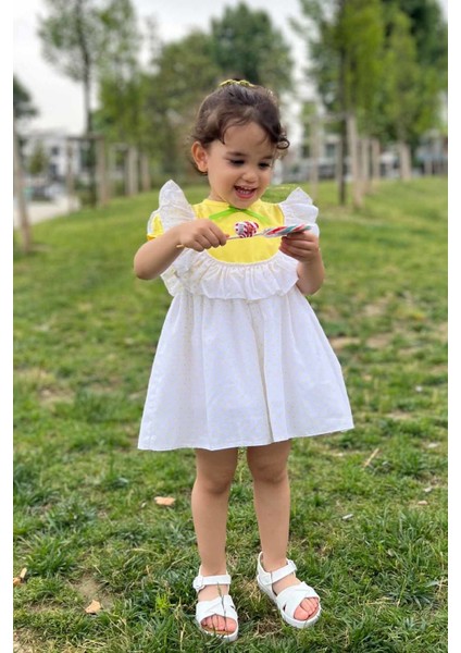 Puantiyeli Kısa Kol Sarı Kız Çocuk Bebek Yazlık Elbise