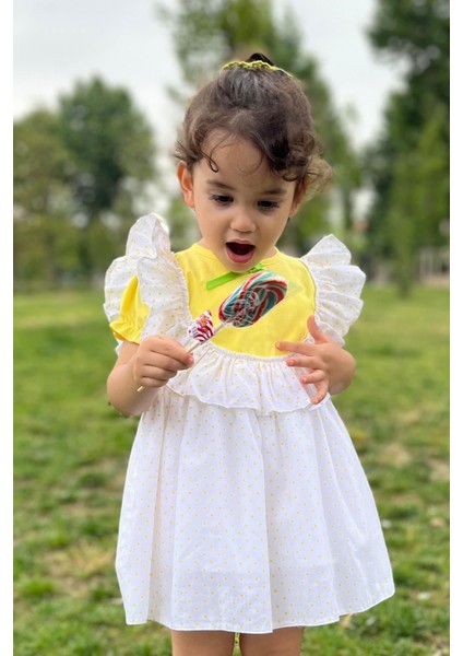 Puantiyeli Kısa Kol Sarı Kız Çocuk Bebek Yazlık Elbise