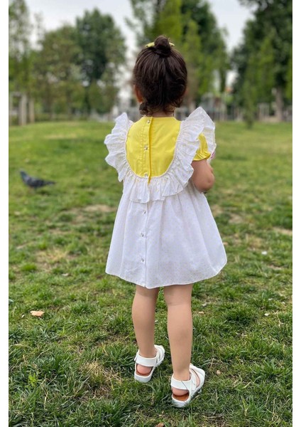 Puantiyeli Kısa Kol Sarı Kız Çocuk Bebek Yazlık Elbise