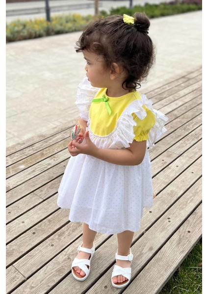 Puantiyeli Kısa Kol Sarı Kız Çocuk Bebek Yazlık Elbise