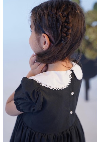 Dantel Detaylı Bebe Yaka Kız Çocuk Bebek Poplin Siyah Beyaz Elbise fiyatları