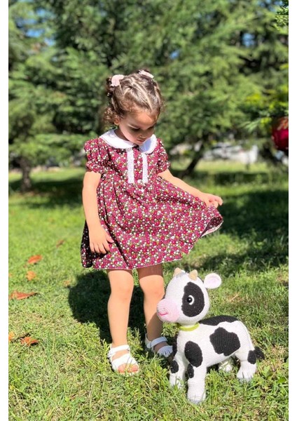 Bebe Yaka Dantel Detaylı Çiçekli Yazlık Kız Çocuk Bebek Pamuklu Elbise