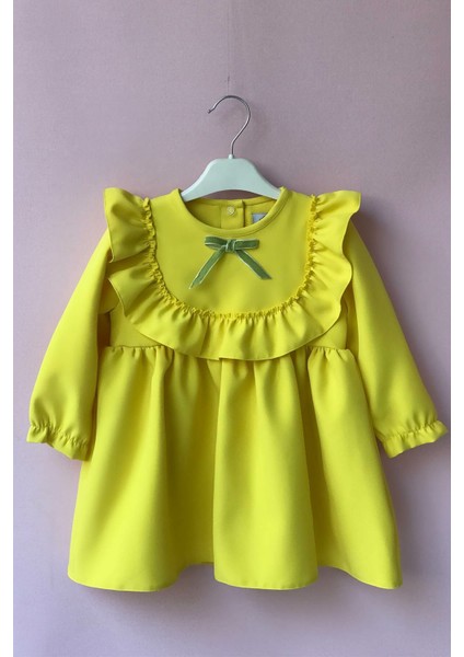 Fırfır ve Kurdele Detaylı Tasarım Sarı Krep Kız Çocuk Bebek Elbise