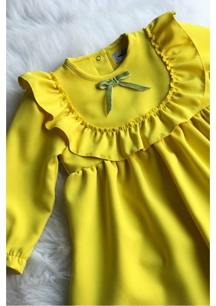 Fırfır ve Kurdele Detaylı Tasarım Sarı Krep Kız Çocuk Bebek Elbise modelleri