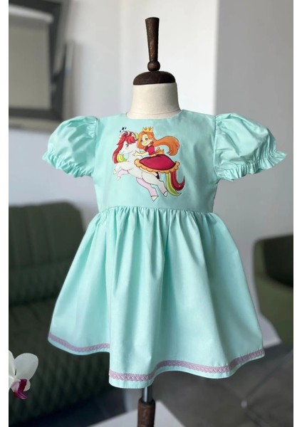Prenses Kız Unicorn Şeker Baskılı Poplin Su Yeşili Kız Çocuk Bebek Elbise