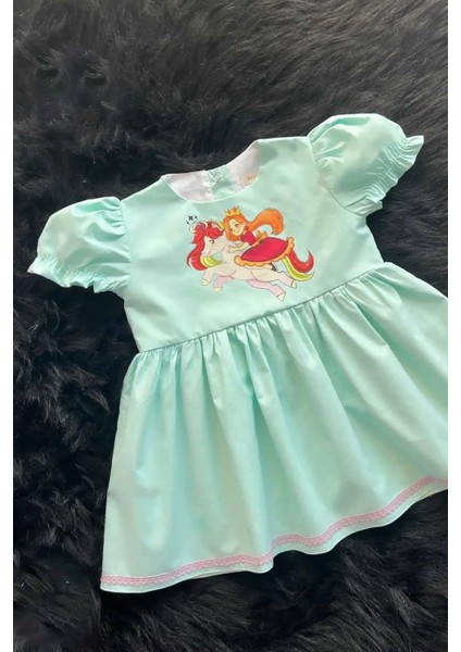 Prenses Kız Unicorn Şeker Baskılı Poplin Su Yeşili Kız Çocuk Bebek Elbise