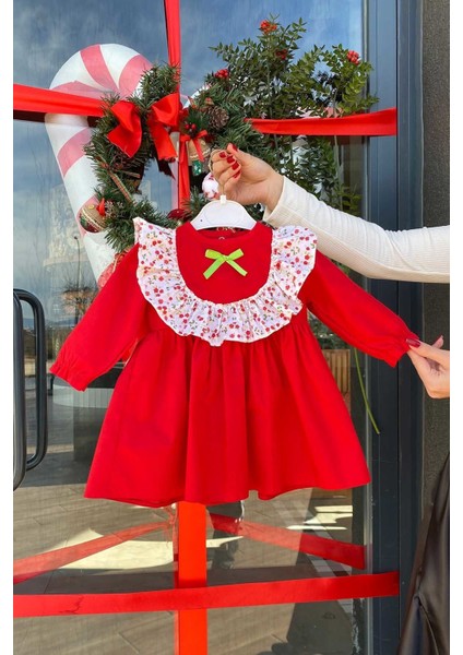 Çiçekli Fırfır ve Kurdele Detaylı Cici Kız Çocuk Bebek Bayram Doğum Günü Kırmızı Elbise