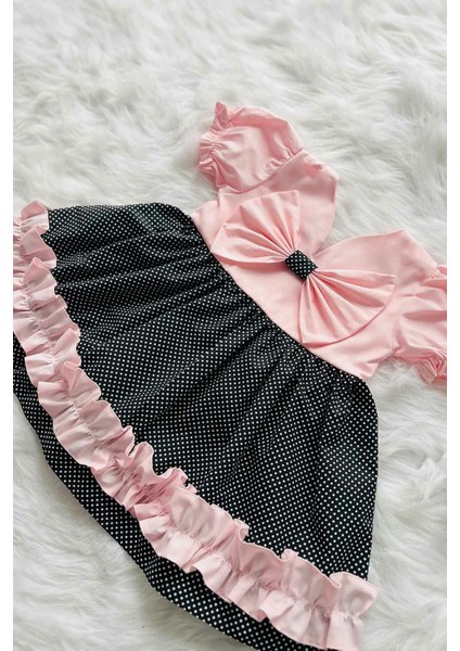 Fiyonk ve Fırfırlı Pembe Siyah Pamuklu Kız Çocuk Bebek Yazlık Elbise