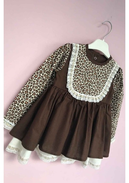 Dantel Detaylı Leopar Poplin Kız Çocuk Kız Bebek Elbise