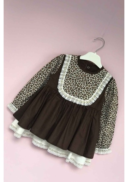 Dantel Detaylı Leopar Poplin Kız Çocuk Kız Bebek Elbise