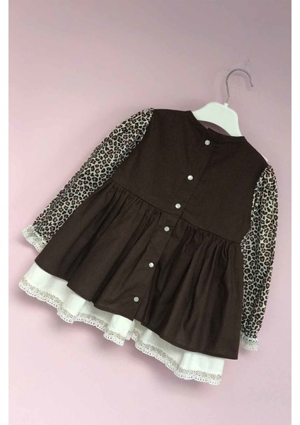 Dantel Detaylı Leopar Poplin Kız Çocuk Kız Bebek Elbise