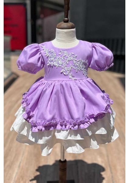 Güpür ve Fırfır Detaylı Lila Pamuk Saten Kız Çocuk Bebek Abiye Elbise