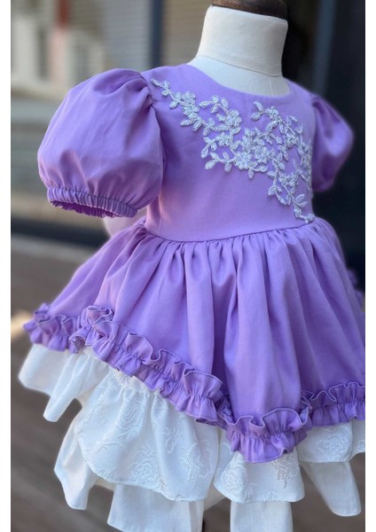 Güpür ve Fırfır Detaylı Lila Pamuk Saten Kız Çocuk Bebek Abiye Elbise