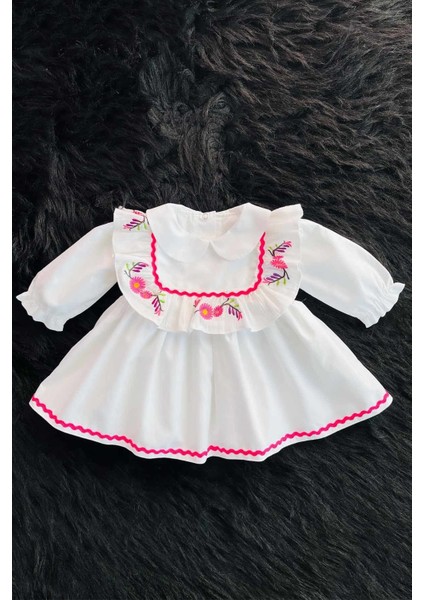 Nakış ve Su Taşı Detaylı Beyaz Poplin Pamuklu Kız Çocuk Bebek Mevlüt Elbise
