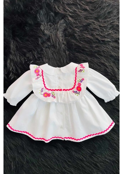 Nakış ve Su Taşı Detaylı Beyaz Poplin Pamuklu Kız Çocuk Bebek Mevlüt Elbise