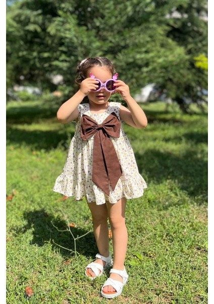 Fiyonk Detaylı Kare Yaka Çiçekli Kahverengi Kız Çocuk Bebek Elbise