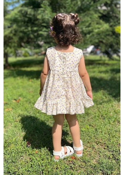 Fiyonk Detaylı Kare Yaka Çiçekli Kahverengi Kız Çocuk Bebek Elbise
