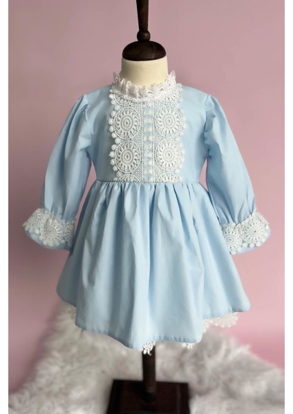 Zarif Dantel Detaylı Bebe Mavi Kız Çocuk Bebek Poplin Pamuk Elbise