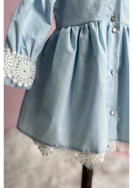 Zarif Dantel Detaylı Bebe Mavi Kız Çocuk Bebek Poplin Pamuk Elbise fiyatları