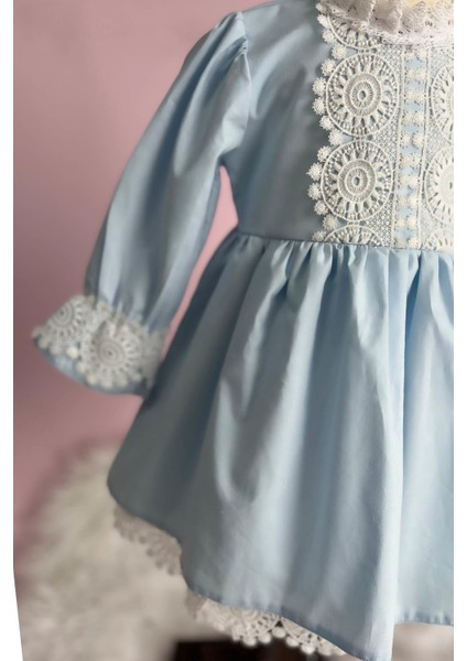 Zarif Dantel Detaylı Bebe Mavi Kız Çocuk Bebek Poplin Pamuk Elbise modelleri