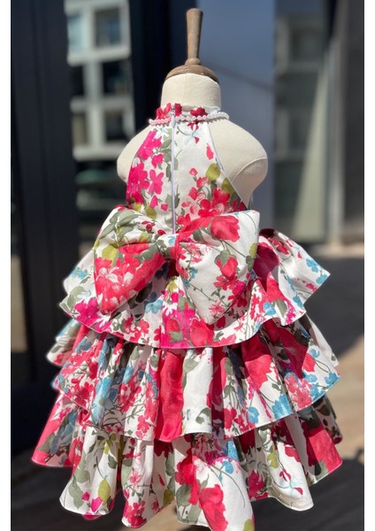 Kat Kat Etek Inci Süslemeli Krep Lotus Abiye Kız Çocuk Bebek Renkli Elbise