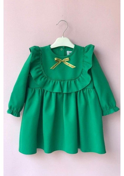 Fırfır ve Kurdele Detaylı Tasarım Yeşil Kız Çocuk Bebek Elbise